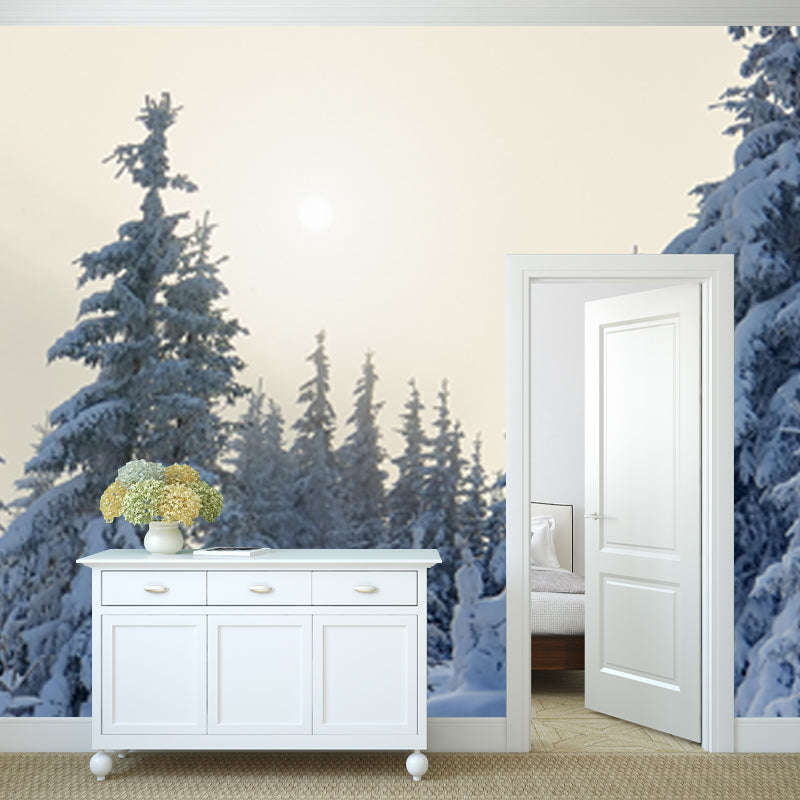 Cypress with Thick Snow Mural Modern Waterproofing Bedroom Wall Art, Made to Measure Clearhalo 'Wall Decor' 'Wall Mural' 1502181