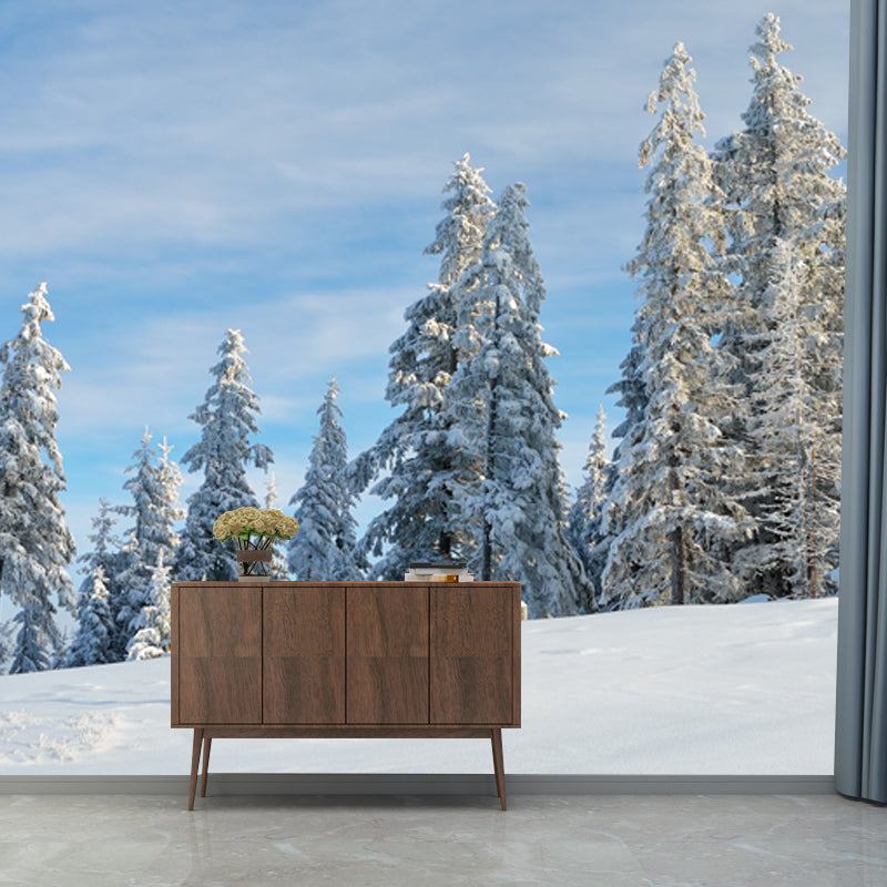 Photography Snowfield Cypress Mural Full-Size Wall Decor Above Bed, Personalized Size Blue Clearhalo 'Wall Decor' 'Wall Mural' 1502184