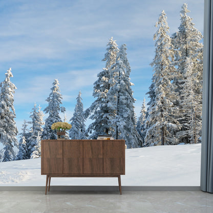 Photography Snowfield Cypress Mural Full-Size Wall Decor Above Bed, Personalized Size Blue Clearhalo 'Wall Decor' 'Wall Mural' 1502184