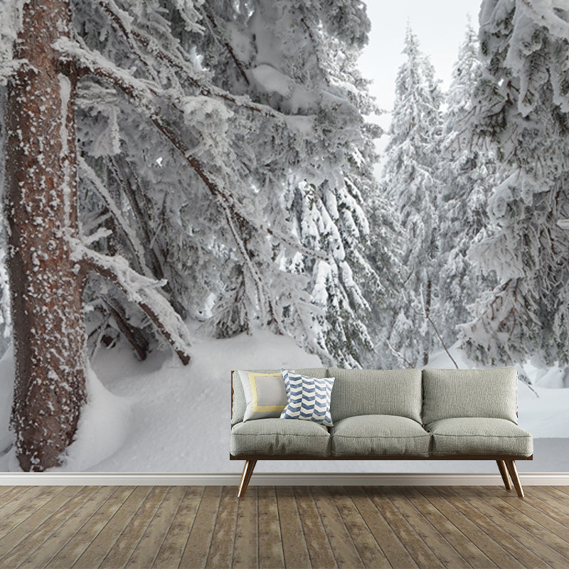 Cypress Forest after Snowfall Mural Grey Scandinavian Wall Covering for Accent Wall Grey Clearhalo 'Wall Decor' 'Wall Mural' 1502189