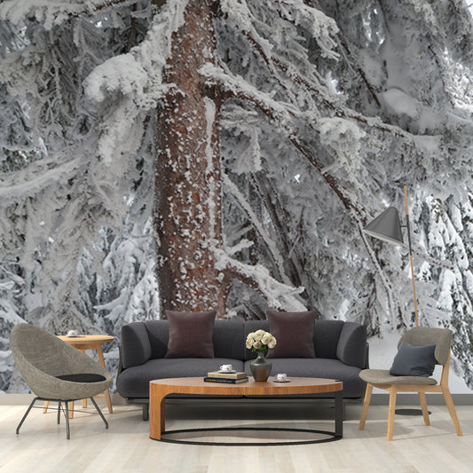Cypress Forest after Snowfall Mural Grey Scandinavian Wall Covering for Accent Wall Clearhalo 'Wall Decor' 'Wall Mural' 1502191