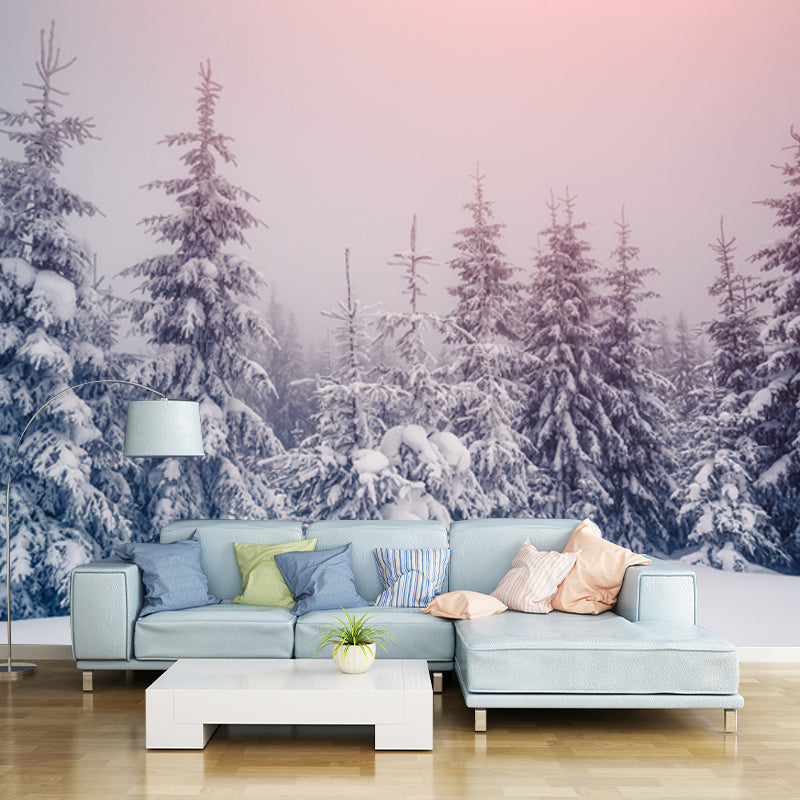 Pink Sky Snow Cypress Mural Wallpaper Washable Contemporary Bedroom Wall Art, Non-Woven Pink Clearhalo 'Wall Decor' 'Wall Mural' 1502194