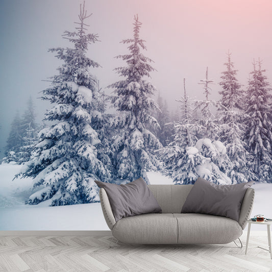 Pink Sky Snow Cypress Mural Wallpaper Washable Contemporary Bedroom Wall Art, Non-Woven Clearhalo 'Wall Decor' 'Wall Mural' 1502195