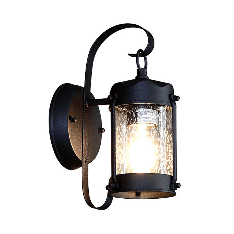 One Bulb Wall Light with Cylinder/Lantern Shade Bubble Glass Industrial Porch Sconce Lighting Fixture in Black Clearhalo 'Art deco wall lights' 'Cast Iron' 'Glass' 'Industrial wall lights' 'Industrial' 'Middle century wall lights' 'Modern' 'Rustic wall lights' 'Tiffany' 'Traditional wall lights' 'Wall Lamps & Sconces' 'Wall Lights' Lighting' 150220