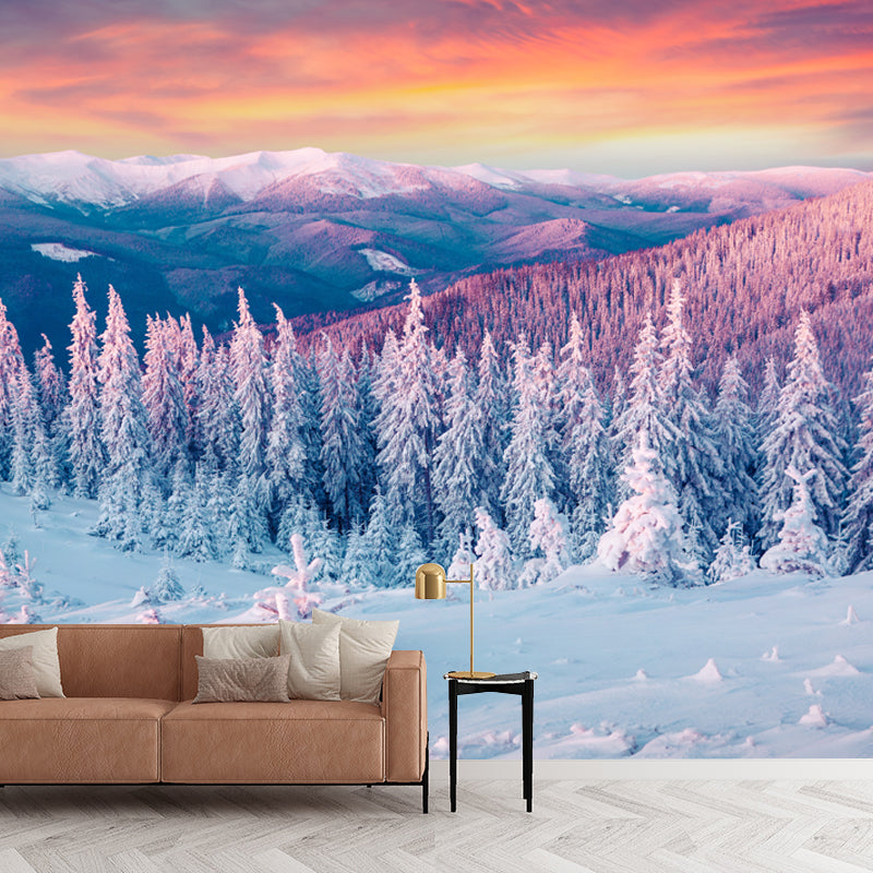 Orange Evening Glow Wall Mural Snowy Cypress Mountains Modern Waterproof Wall Covering Orange Clearhalo 'Wall Decor' 'Wall Mural' 1502204