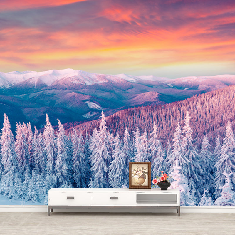 Orange Evening Glow Wall Mural Snowy Cypress Mountains Modern Waterproof Wall Covering Clearhalo 'Wall Decor' 'Wall Mural' 1502205