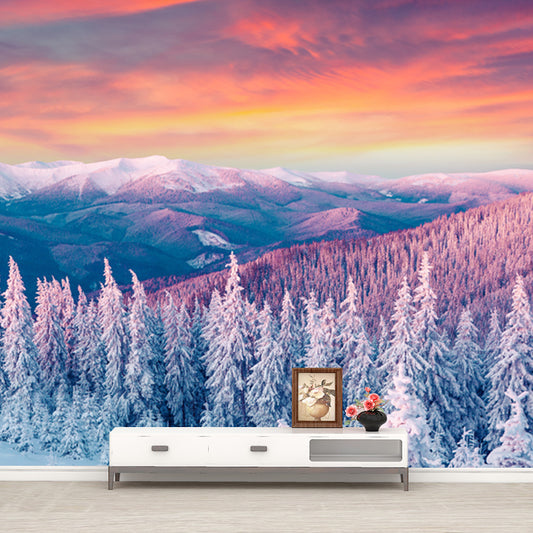 Orange Evening Glow Wall Mural Snowy Cypress Mountains Modern Waterproof Wall Covering Clearhalo 'Wall Decor' 'Wall Mural' 1502205