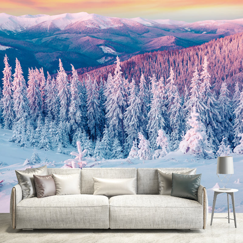 Orange Evening Glow Wall Mural Snowy Cypress Mountains Modern Waterproof Wall Covering Clearhalo 'Wall Decor' 'Wall Mural' 1502206