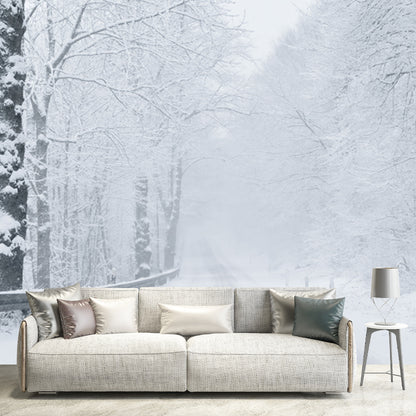 Misty Winter Roadside Forest Mural in White Modernism Wall Decoration for Bedroom White Clearhalo 'Wall Decor' 'Wall Mural' 1502224