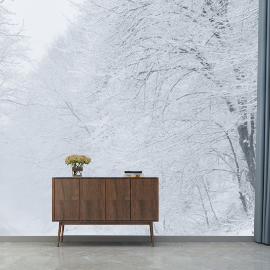 Misty Winter Roadside Forest Mural in White Modernism Wall Decoration for Bedroom Clearhalo 'Wall Decor' 'Wall Mural' 1502226