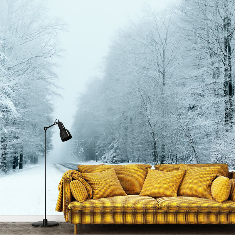 Photography Highway Snow Forest Mural Large Size Wall Covering for Home, Custom Print White Clearhalo 'Wall Decor' 'Wall Mural' 1502229