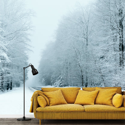 Photography Highway Snow Forest Mural Large Size Wall Covering for Home, Custom Print White Clearhalo 'Wall Decor' 'Wall Mural' 1502229