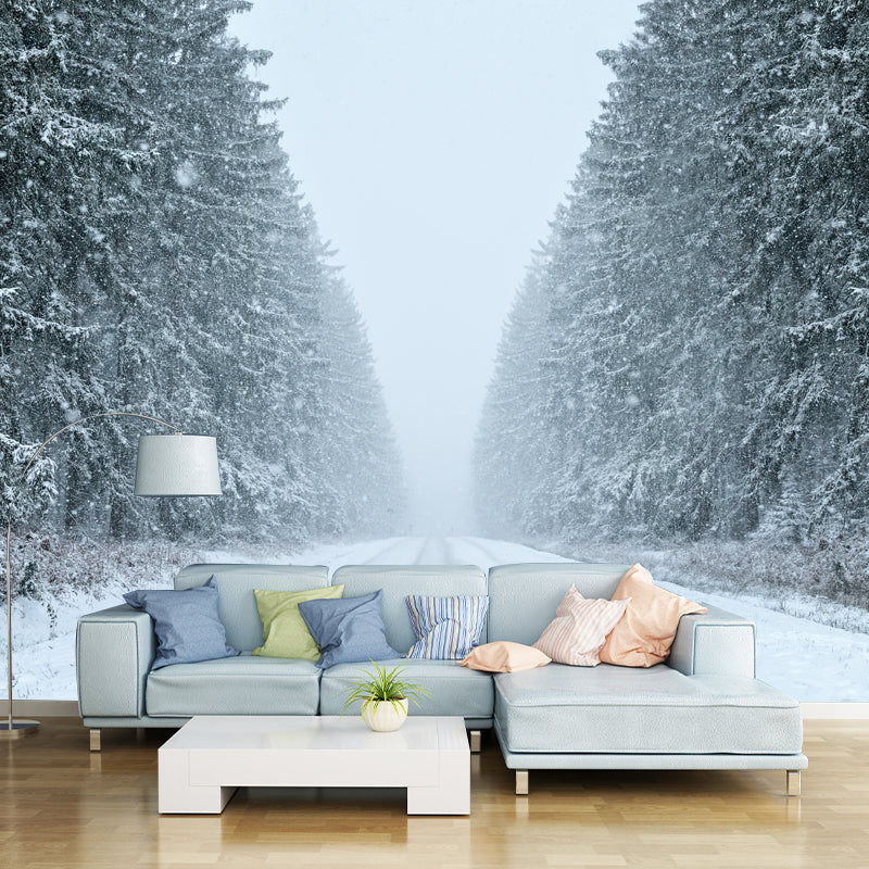 Snowy Road to Unknown Mural Contemporary Smooth Wall Art in White for Living Room White Clearhalo 'Wall Decor' 'Wall Mural' 1502234