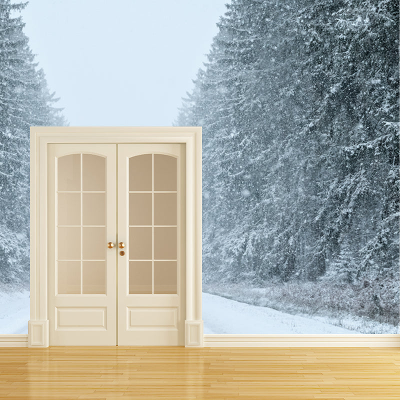 Snowy Road to Unknown Mural Contemporary Smooth Wall Art in White for Living Room Clearhalo 'Wall Decor' 'Wall Mural' 1502235