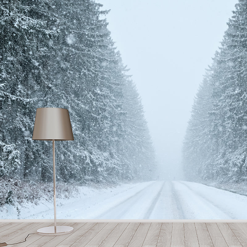 Snowy Road to Unknown Mural Contemporary Smooth Wall Art in White for Living Room Clearhalo 'Wall Decor' 'Wall Mural' 1502236