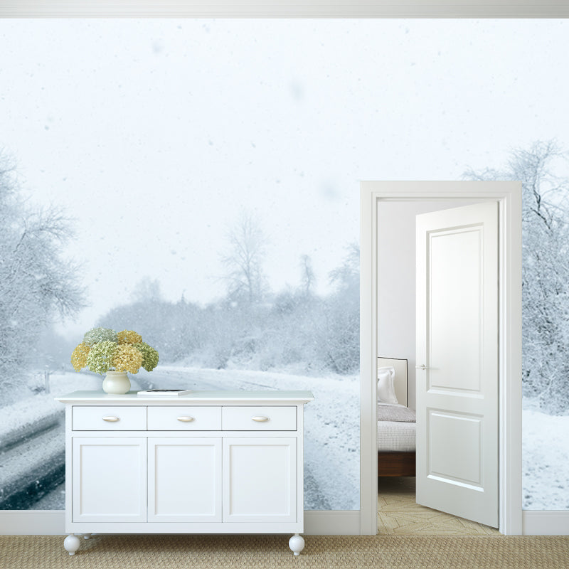 Large Road Curve Scene Mural for Bedroom Snow Forest Wall Decor in White, Washable White Clearhalo 'Wall Decor' 'Wall Mural' 1502239