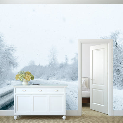 Large Road Curve Scene Mural for Bedroom Snow Forest Wall Decor in White, Washable White Clearhalo 'Wall Decor' 'Wall Mural' 1502239