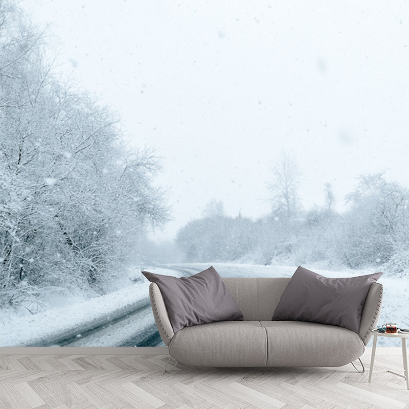 Large Road Curve Scene Mural for Bedroom Snow Forest Wall Decor in White, Washable Clearhalo 'Wall Decor' 'Wall Mural' 1502240