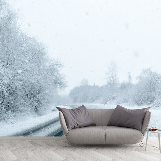 Large Road Curve Scene Mural for Bedroom Snow Forest Wall Decor in White, Washable Clearhalo 'Wall Decor' 'Wall Mural' 1502240