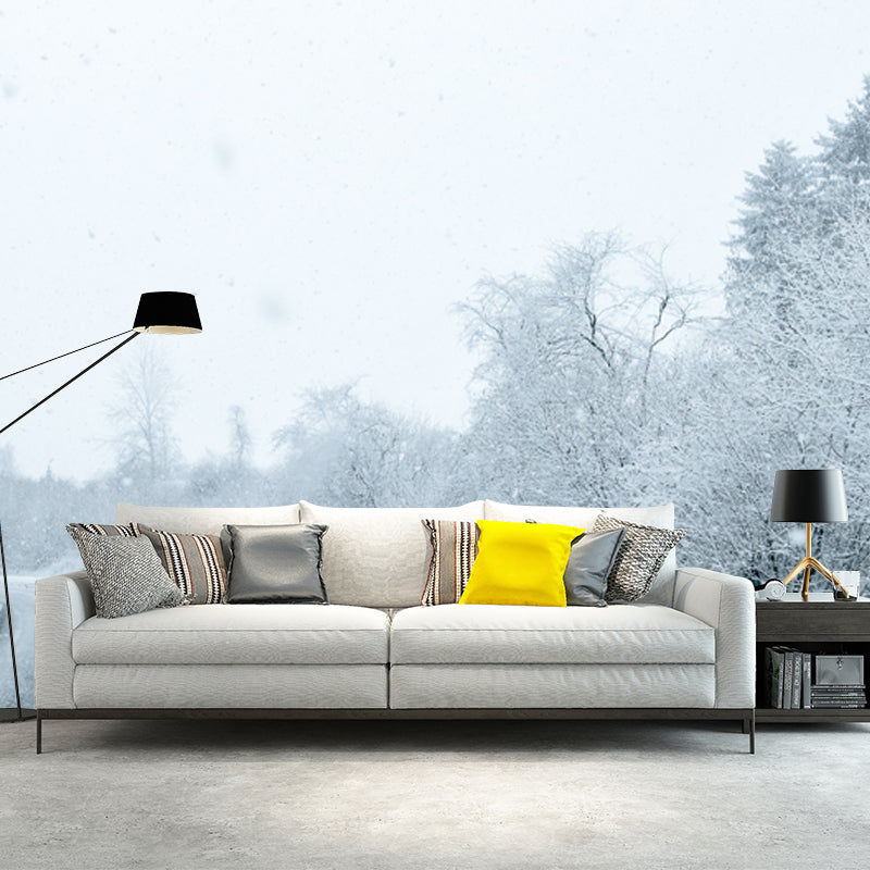 Large Road Curve Scene Mural for Bedroom Snow Forest Wall Decor in White, Washable Clearhalo 'Wall Decor' 'Wall Mural' 1502241