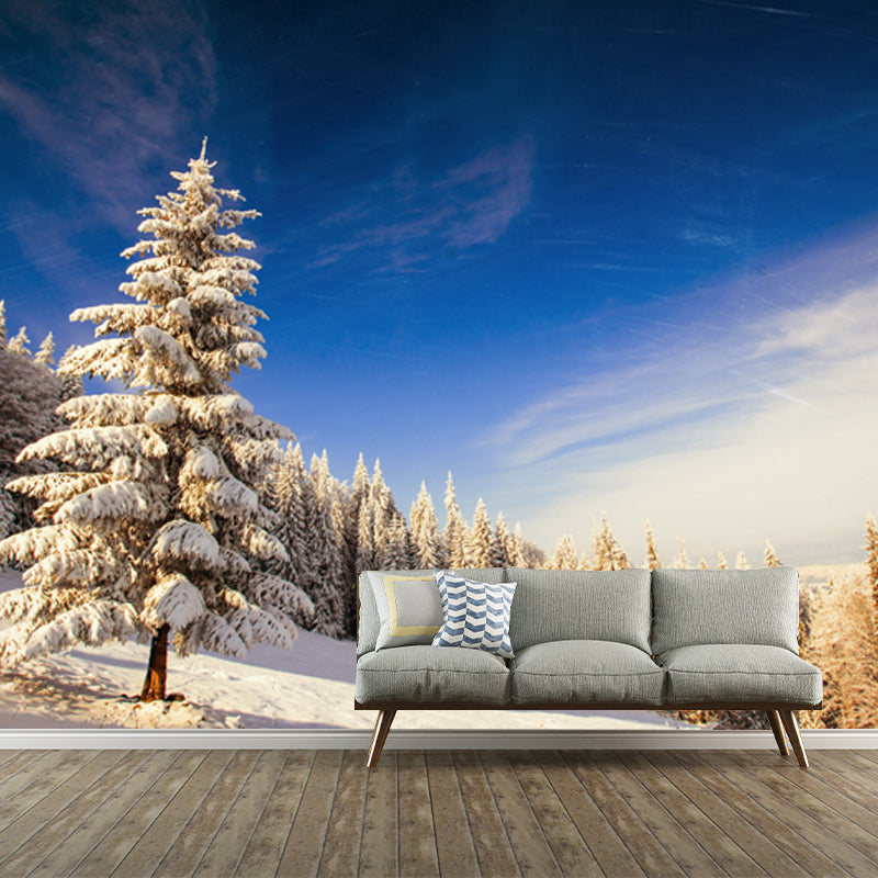 Huge Modern Mural Blue-White Snow Cypress Mountain with Clean Sky Wall Covering, Custom Made Blue Clearhalo 'Wall Decor' 'Wall Mural' 1502244