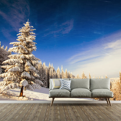 Huge Modern Mural Blue-White Snow Cypress Mountain with Clean Sky Wall Covering, Custom Made Blue Clearhalo 'Wall Decor' 'Wall Mural' 1502244