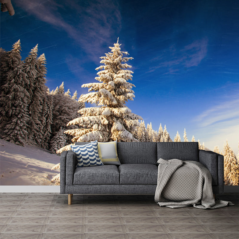 Huge Modern Mural Blue-White Snow Cypress Mountain with Clean Sky Wall Covering, Custom Made Clearhalo 'Wall Decor' 'Wall Mural' 1502245