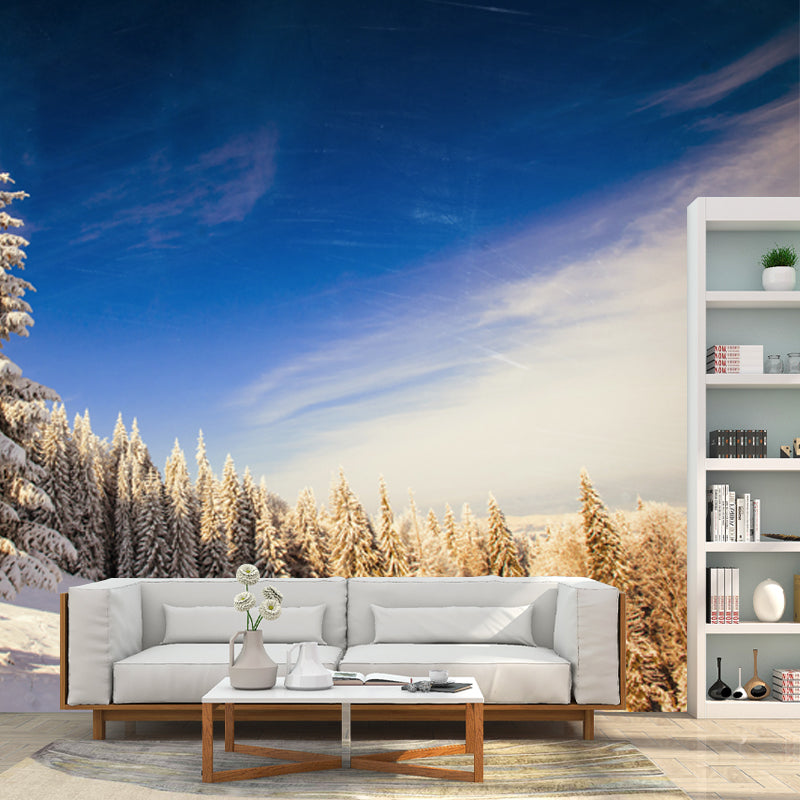 Huge Modern Mural Blue-White Snow Cypress Mountain with Clean Sky Wall Covering, Custom Made Clearhalo 'Wall Decor' 'Wall Mural' 1502246