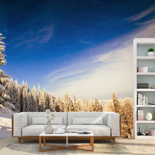 Huge Modern Mural Blue-White Snow Cypress Mountain with Clean Sky Wall Covering, Custom Made Clearhalo 'Wall Decor' 'Wall Mural' 1502246