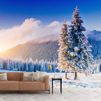 Blue Snow Mountain Sunrise Mural Stain-Proof Wall Art for Home Gallery, Made to Measure Blue Clearhalo 'Wall Decor' 'Wall Mural' 1502249