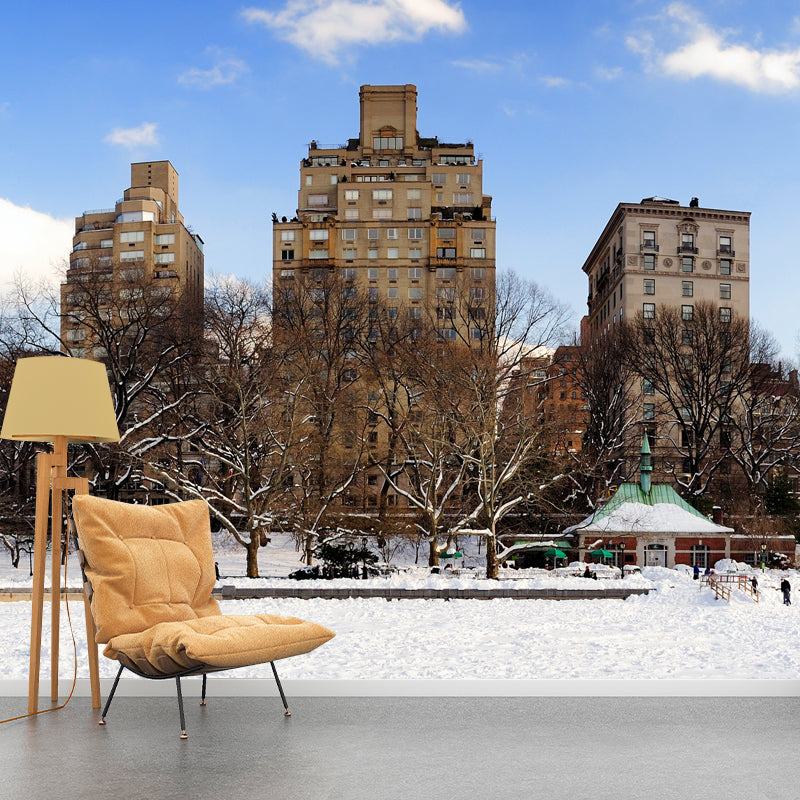 Snowy City Street View Mural Wallpaper Brown Modern Style Wall Decor for Living Room Brown Clearhalo 'Wall Decor' 'Wall Mural' 1502289