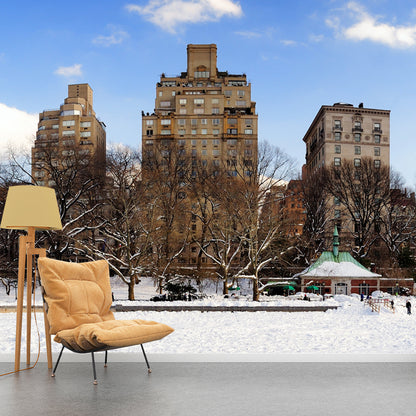 Snowy City Street View Mural Wallpaper Brown Modern Style Wall Decor for Living Room Brown Clearhalo 'Wall Decor' 'Wall Mural' 1502289