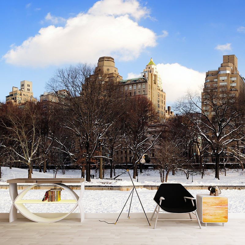 Snowy City Street View Mural Wallpaper Brown Modern Style Wall Decor for Living Room Clearhalo 'Wall Decor' 'Wall Mural' 1502290