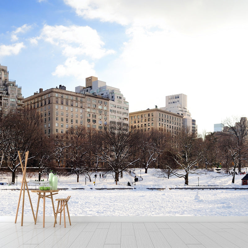 Snowy City Street View Mural Wallpaper Brown Modern Style Wall Decor for Living Room Clearhalo 'Wall Decor' 'Wall Mural' 1502291