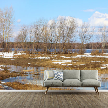 Modern Winter Landscape Mural Blue-Brown River with Melting Snow Scenery Wall Art Blue Clearhalo 'Wall Decor' 'Wall Mural' 1502299