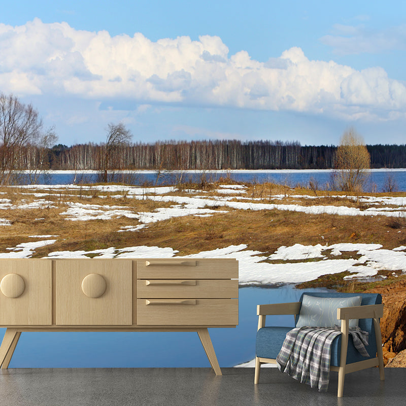 Modern Winter Landscape Mural Blue-Brown River with Melting Snow Scenery Wall Art Clearhalo 'Wall Decor' 'Wall Mural' 1502300