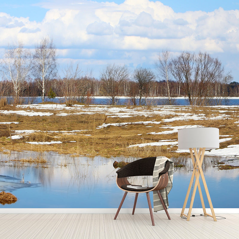 Modern Winter Landscape Mural Blue-Brown River with Melting Snow Scenery Wall Art Clearhalo 'Wall Decor' 'Wall Mural' 1502301