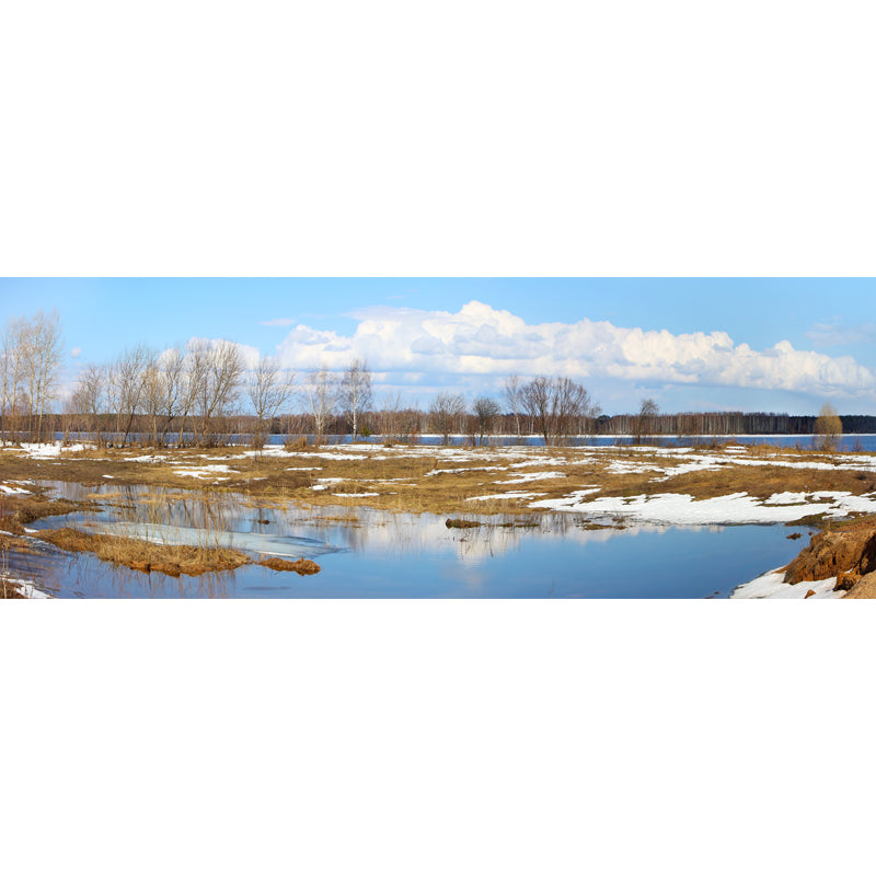 Modern Winter Landscape Mural Blue-Brown River with Melting Snow Scenery Wall Art Clearhalo 'Wall Decor' 'Wall Mural' 1502302