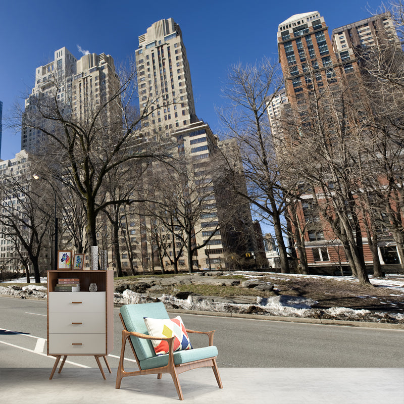 Contemporary Winter Street Scene Mural Brown Moisture Resistant Wall Art for Living Room Brown Clearhalo 'Wall Decor' 'Wall Mural' 1502319