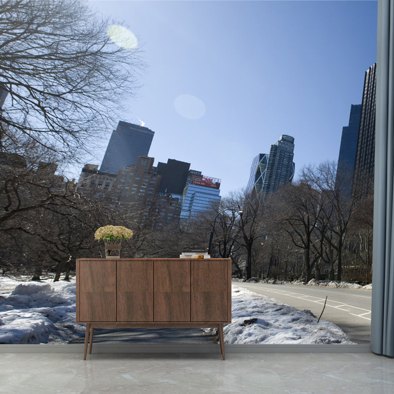 Contemporary Winter Street Scene Mural Brown Moisture Resistant Wall Art for Living Room Clearhalo 'Wall Decor' 'Wall Mural' 1502320