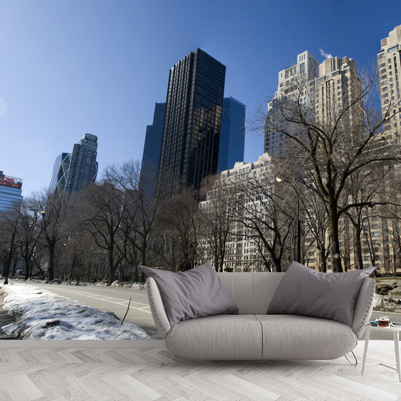 Contemporary Winter Street Scene Mural Brown Moisture Resistant Wall Art for Living Room Clearhalo 'Wall Decor' 'Wall Mural' 1502321