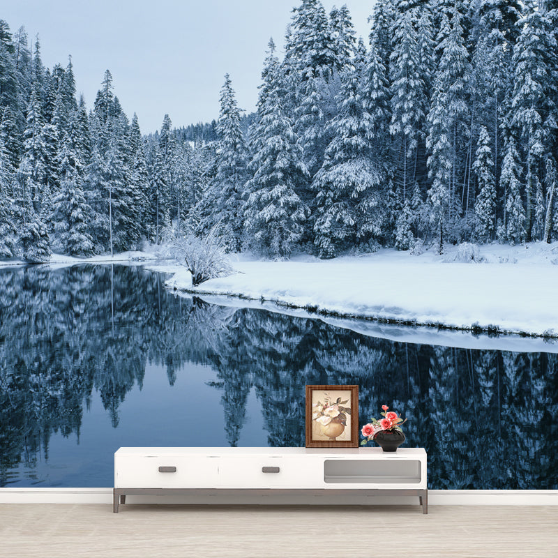 Lake Across Snow Forest Mural Green Modernist Wall Covering for Accent Wall, Custom Printed Green Clearhalo 'Wall Decor' 'Wall Mural' 1502329