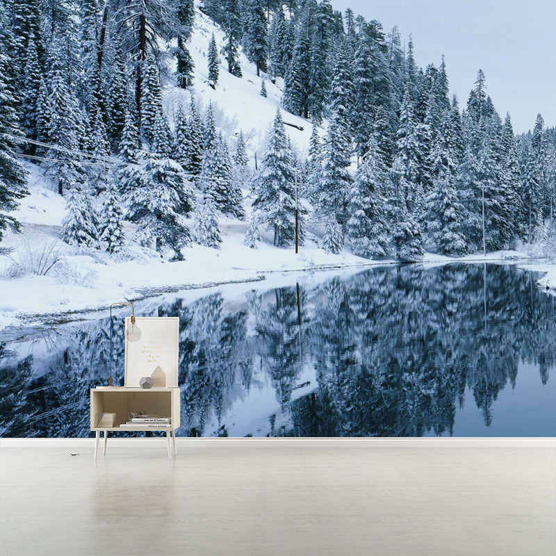 Lake Across Snow Forest Mural Green Modernist Wall Covering for Accent Wall, Custom Printed Clearhalo 'Wall Decor' 'Wall Mural' 1502330