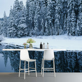 Lake Across Snow Forest Mural Green Modernist Wall Covering for Accent Wall, Custom Printed Clearhalo 'Wall Decor' 'Wall Mural' 1502331