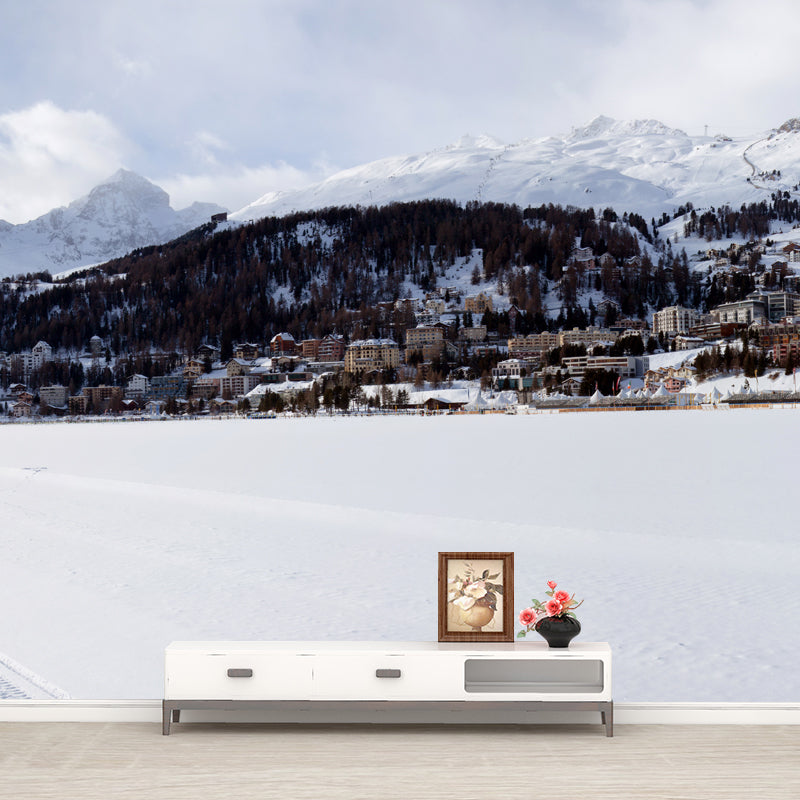 Non-Woven Large White Mural Modern Mountain Village Snow Landscape Wall Decor, Made to Measure Clearhalo 'Wall Decor' 'Wall Mural' 1502340
