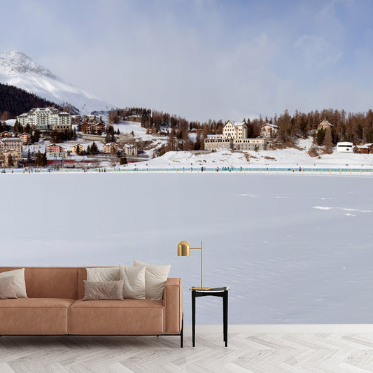 Non-Woven Large White Mural Modern Mountain Village Snow Landscape Wall Decor, Made to Measure Clearhalo 'Wall Decor' 'Wall Mural' 1502341