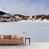 Non-Woven Large White Mural Modern Mountain Village Snow Landscape Wall Decor, Made to Measure Clearhalo 'Wall Decor' 'Wall Mural' 1502341