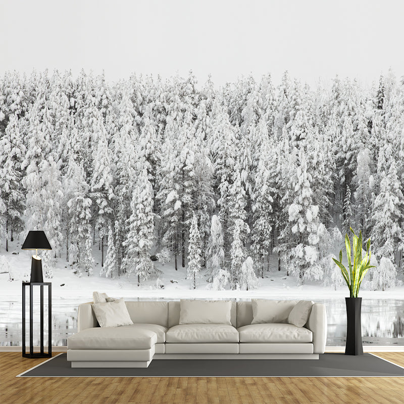Modern Riverside Snowy Forest Mural Above Bed Personalized Size Wall Art in Grey Grey Clearhalo 'Wall Decor' 'Wall Mural' 1502354