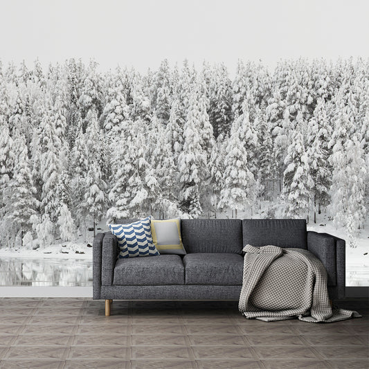 Modern Riverside Snowy Forest Mural Above Bed Personalized Size Wall Art in Grey Clearhalo 'Wall Decor' 'Wall Mural' 1502355