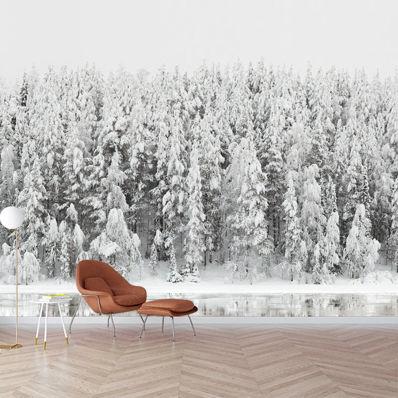 Modern Riverside Snowy Forest Mural Above Bed Personalized Size Wall Art in Grey Clearhalo 'Wall Decor' 'Wall Mural' 1502356